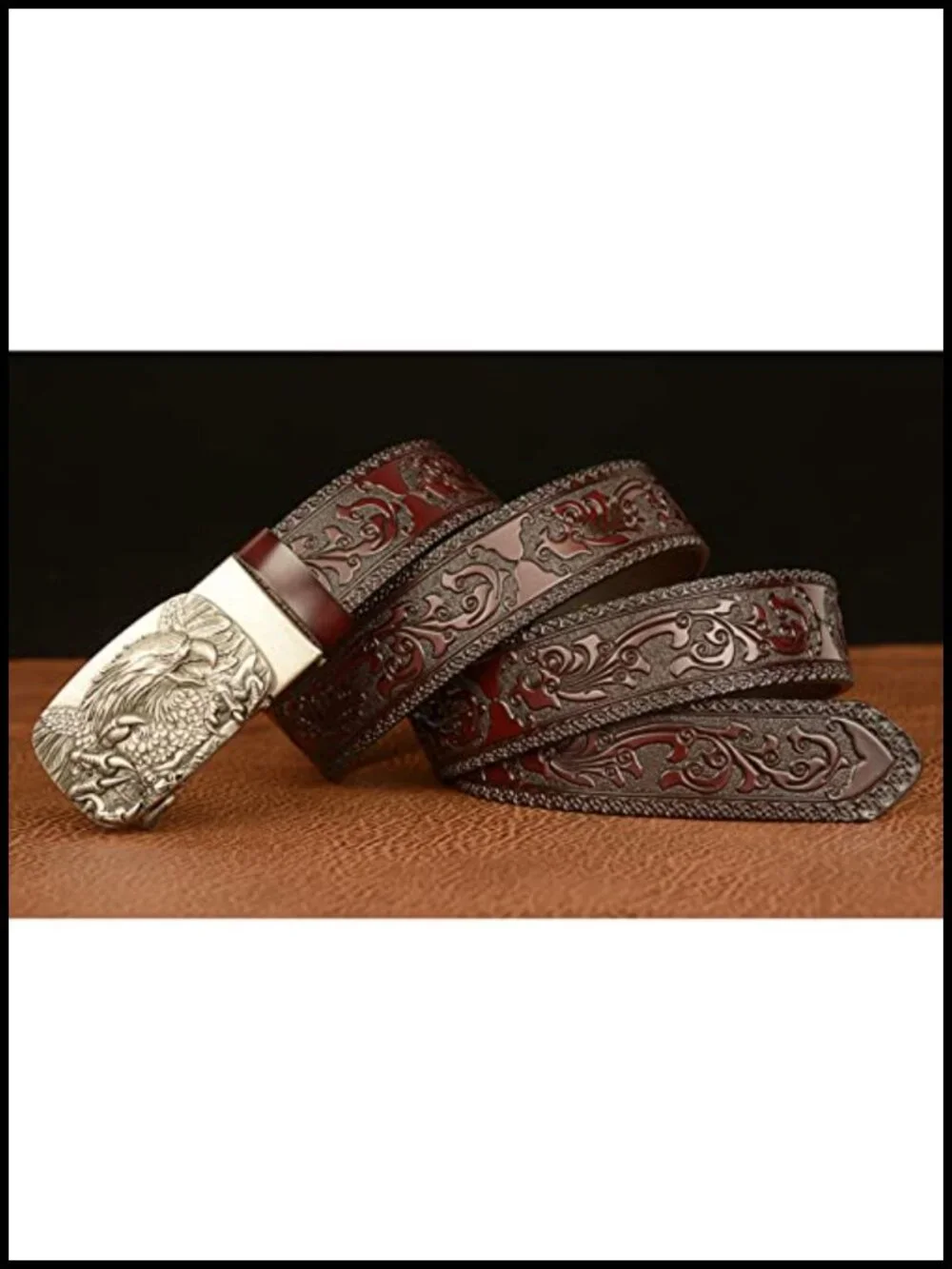 Men's Genuine Leather Ratchet Belt with 3D Eagle Sliding Buckle